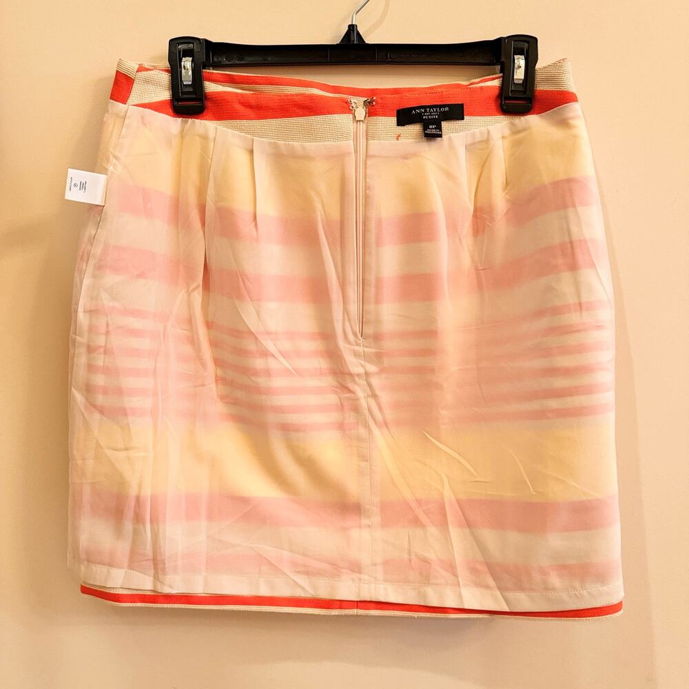 Ann Taylor Petite 8P Skirt Striped Neon Beige Orange Yellow A-line Career Lined - Picture 4 of 9